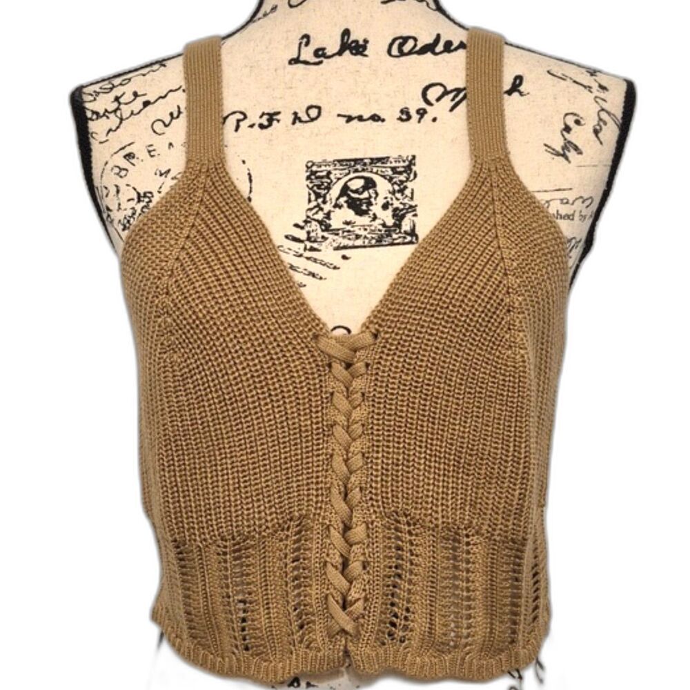 Jolie & Joy Tank Crop Top XL Tan Open Knit Crochet Hippie Boho